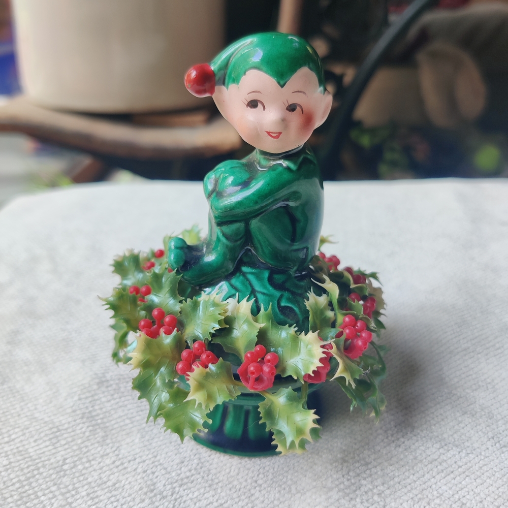 Vintage Inarco Christmas Pixie Elf on Holly Berry Figurine 4.5" MCM Knee Hugger